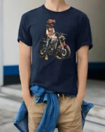 Modern Rider Girl Red Helmet Motorcycle Graphic Tshirt - model wearing navy tee with hands in pockets