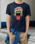Brainy Undead Zombie Sticking Tongue Out Graphic Tshirt - model wearing navy tee with hands in pockets