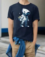 Lil Hypebeast Space Cadet Blue Eye Astronaut Graphic Tee - model wearing navy tee with hands in pockets