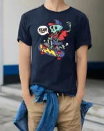 Radical Skateboarding Skeleton Blue Bones Graphic Tshirt - model wearing navy tee with hands in pockets