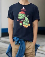 Lucky Pirate Swamp Monster Gambling Treasure Graphic Tee - model wearing navy tee with hands in pockets