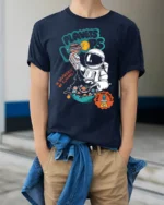 Cosmic Cereal Astronaut Milky Way Space Graphic Tshirt - model wearing navy tee with hands in pockets
