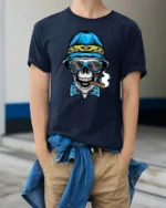 Chilling Tropical Skull Bucket Hat Beach Graphic Tshirt - model wearing navy tee with hands in pockets