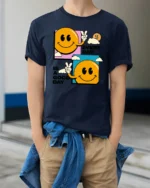 Cheerful Smiley Face Peace Sign Every Day Good Day Tshirt - model wearing navy tee with hands in pockets