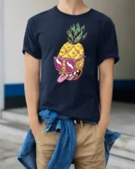 Zesty Pineapple Rockstar Pink Sunglasses Graphic Tshirt - model wearing navy tee with hands in pockets
