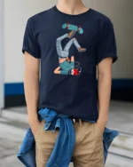 Clumsy Skater Headphones Fail Street Art Graphic Tshirt - model wearing navy tee with hands in pockets