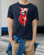 Chibi Red Reaper Die Flag Cute Goth Graphic Tshirt - model wearing navy tee with hands in pockets