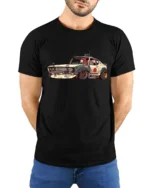 Retro Japanese Drift Car Street Runner Graphic Tshirt - model wearing black tee with hands behind back