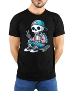 Cool Skater Skeleton Peace Sign Street Style Graphic Tee - model wearing black tee with hands behind back