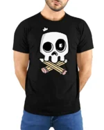 Creative Illustrator Artist Skull Crossed Pencils Graphic Tee - model wearing black tee with hands behind back