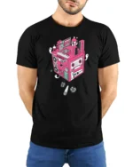 Retro Musical Cube Beats Pink Cassette Tape Graphic Tshirt - model wearing black tee with hands behind back
