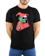 Bold Money Reaper Cash Calling Red Cloak Graphic Tee - model wearing black tee with hands behind back