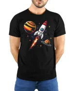 Galactic Rocket Ship Launch Retro Space Exploration Tshirt - model wearing black tee with hands behind back