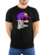 Vibrant Hip Hop Skeletal Rockstar Pink Shades Graphic Tee - model wearing black tee with hands behind back