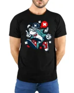 Radical Street Style Shark Snazzy Sneaker Graphic Tee - model wearing black tee with hands behind back