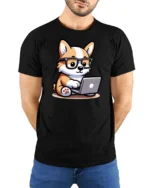Smart Tech Corgi Puppy Coding Laptop Nerd Graphic Tshirt - model wearing black tee with hands behind back
