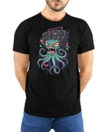 Loud Octopus Retro Boombox Street Art Graphic Tshirt - model wearing black tee with hands behind back