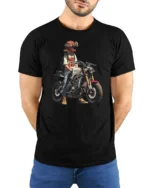 Modern Rider Girl Red Helmet Motorcycle Graphic Tshirt - model wearing black tee with hands behind back