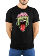 Brainy Undead Zombie Sticking Tongue Out Graphic Tshirt - model wearing black tee with hands behind back