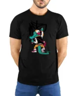 Graffitied Alligator Street Artist Varsity Jacket Graphic Tee - model wearing black tee with hands behind back