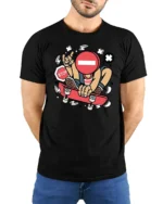 Rebel Skater Stop Sign Head Street Art Graphic Tshirt - model wearing black tee with hands behind back