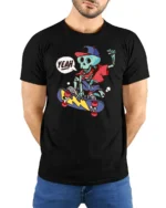 Radical Skateboarding Skeleton Blue Bones Graphic Tshirt - model wearing black tee with hands behind back