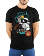 Cosmic Cereal Astronaut Milky Way Space Graphic Tshirt - model wearing black tee with hands behind back