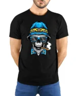 Chilling Tropical Skull Bucket Hat Beach Graphic Tshirt - model wearing black tee with hands behind back