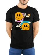 Cheerful Smiley Face Peace Sign Every Day Good Day Tshirt - model wearing black tee with hands behind back