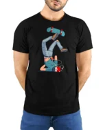 Clumsy Skater Headphones Fail Street Art Graphic Tshirt - model wearing black tee with hands behind back