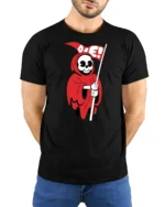 Chibi Red Reaper Die Flag Cute Goth Graphic Tshirt - model wearing black tee with hands behind back