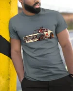 Retro Japanese Drift Car Street Runner Graphic Tshirt - model wearing grey tee, leaning on column