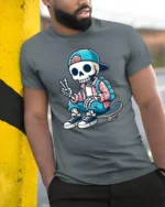Cool Skater Skeleton Peace Sign Street Style Graphic Tee - model wearing grey tee, leaning on column