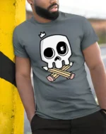 Creative Illustrator Artist Skull Crossed Pencils Graphic Tee - model wearing grey tee, leaning on column