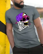 Vibrant Hip Hop Skeletal Rockstar Pink Shades Graphic Tee - model wearing grey tee, leaning on column