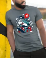 Radical Street Style Shark Snazzy Sneaker Graphic Tee - model wearing grey tee, leaning on column