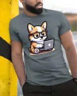 Smart Tech Corgi Puppy Coding Laptop Nerd Graphic Tshirt - model wearing grey tee, leaning on column