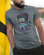 Loud Octopus Retro Boombox Street Art Graphic Tshirt - model wearing grey tee, leaning on column