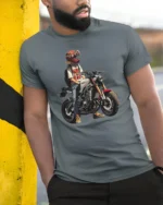 Modern Rider Girl Red Helmet Motorcycle Graphic Tshirt - model wearing grey tee, leaning on column