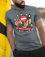 Rebel Skater Stop Sign Head Street Art Graphic Tshirt - model wearing grey tee, leaning on column