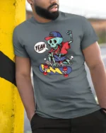 Radical Skateboarding Skeleton Blue Bones Graphic Tshirt - model wearing grey tee, leaning on column