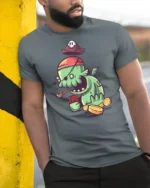 Lucky Pirate Swamp Monster Gambling Treasure Graphic Tee - model wearing grey tee, leaning on column