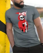 Chibi Red Reaper Die Flag Cute Goth Graphic Tshirt - model wearing grey tee, leaning on column