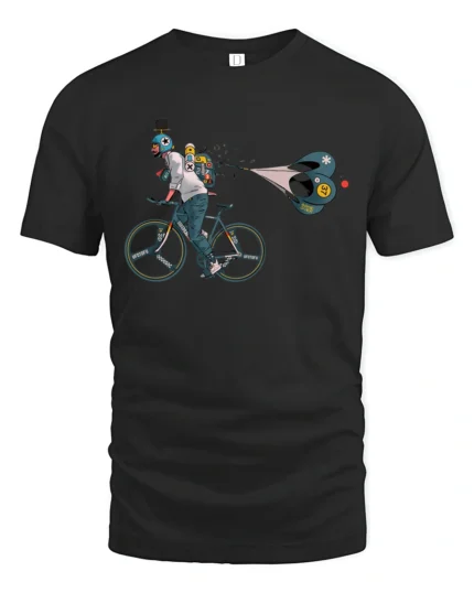 Speedy Bicycle Runner Game Over Parachute Graphic Tee - black t-shirt on white background