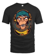 Groovy DJ Monkey Banana Headphones Retro Graphic Tshirt - black t-shirt on white background