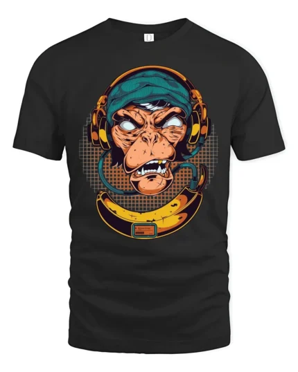 Groovy DJ Monkey Banana Headphones Retro Graphic Tshirt - black t-shirt on white background