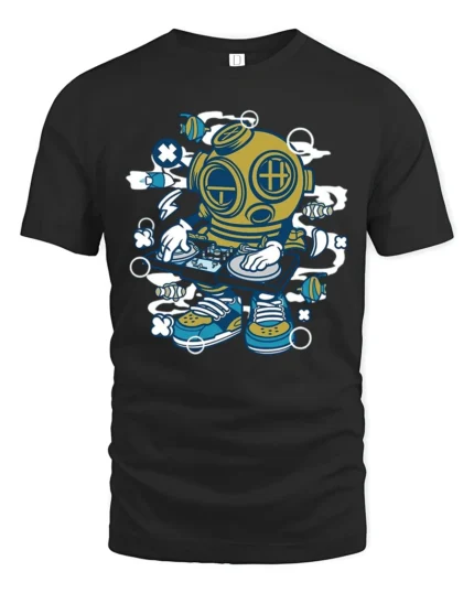 Deep Sea DJ Diver Brass Helmet Turntables Graphic Tshirt - black t-shirt on white background