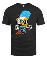 Asphalt Skater Skull Biting Skateboard Truck Graphic Tshirt - black t-shirt on white background