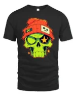 Funky Beanie Skull Glowing Star Eyes Urban Graphic Tshirt - black t-shirt on white background