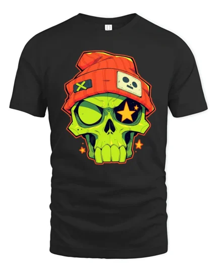 Funky Beanie Skull Glowing Star Eyes Urban Graphic Tshirt - black t-shirt on white background